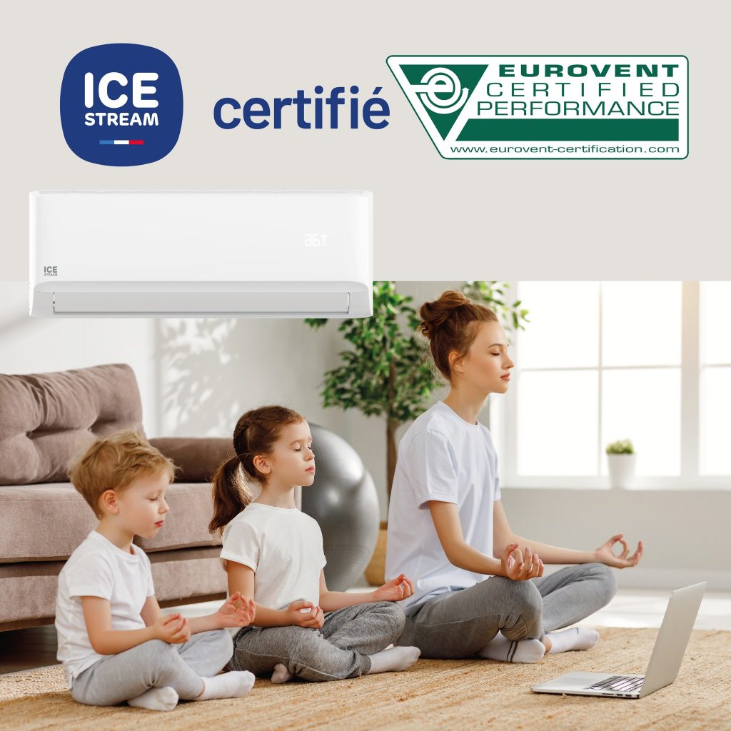 logo icestream et de la certification Eurovent avec une photo d'une mère et ses 2 enfants qui méditent dans un salon